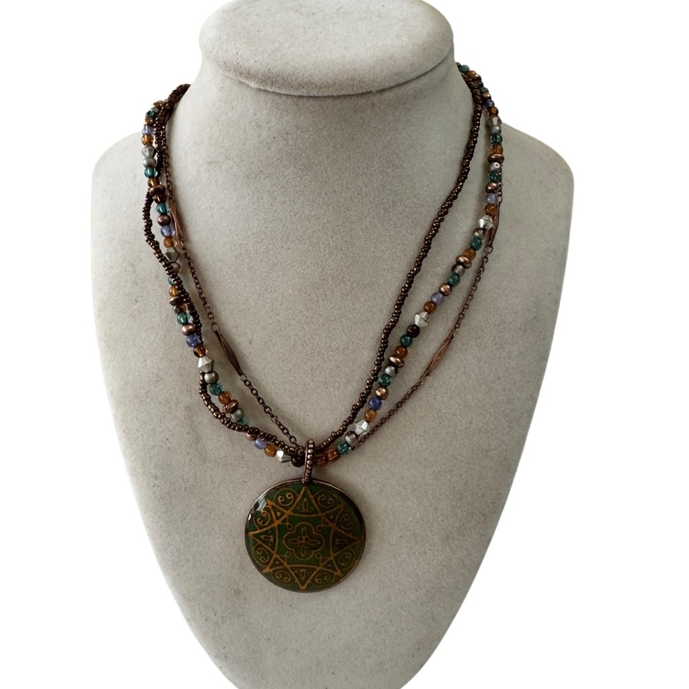 Vintage Avon NR Enamel Pendant Triple Strand Necklace Jewelry Y2K Retro Boho